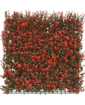 Artificial Hedge Buksbom rød 50x50 cm UV er et firkantet kunstigt grønt panel med tætte små grønne blade og røde blomsterklaser, ideel til dekoration eller privatliv.