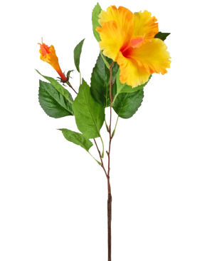 Den kunstige blomst Hibiscus 64 cm gul har en enkelt stilk med levende gule hibiscus blomster og grønne blade, afbildet på en hvid baggrund.