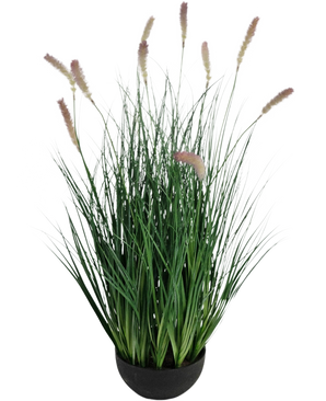 Artificial Grass Caterpillar Onion Grass Bonsai er en 70 cm høj, brandhæmmende kunstgræsplante med slanke grønne blade og lysebrune blomsterpigge i en rund sort potte, perfekt til et stilfuldt interiør.