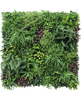 The Artificial Hedge Wonderland 100x100 cm UV er en firkantet lodret have med en tæt blanding af grønne og lilla blade, bregner og små gule blomster i et frodigt, struktureret arrangement.