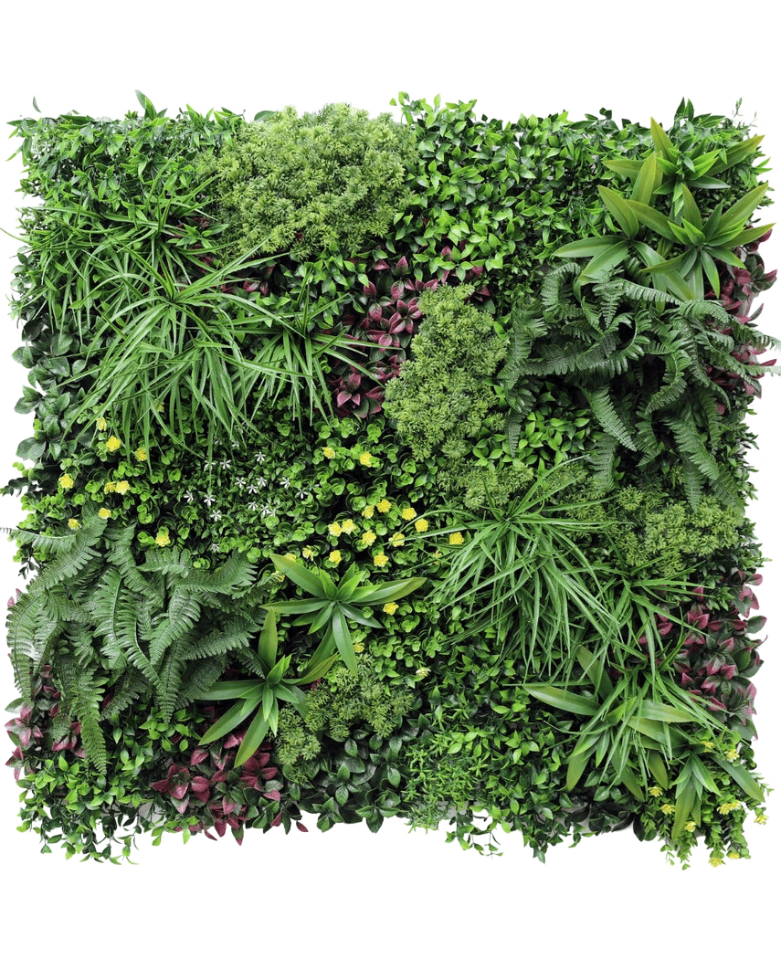 The Artificial Hedge Wonderland 100x100 cm UV er en firkantet lodret have med en tæt blanding af grønne og lilla blade, bregner og små gule blomster i et frodigt, struktureret arrangement.