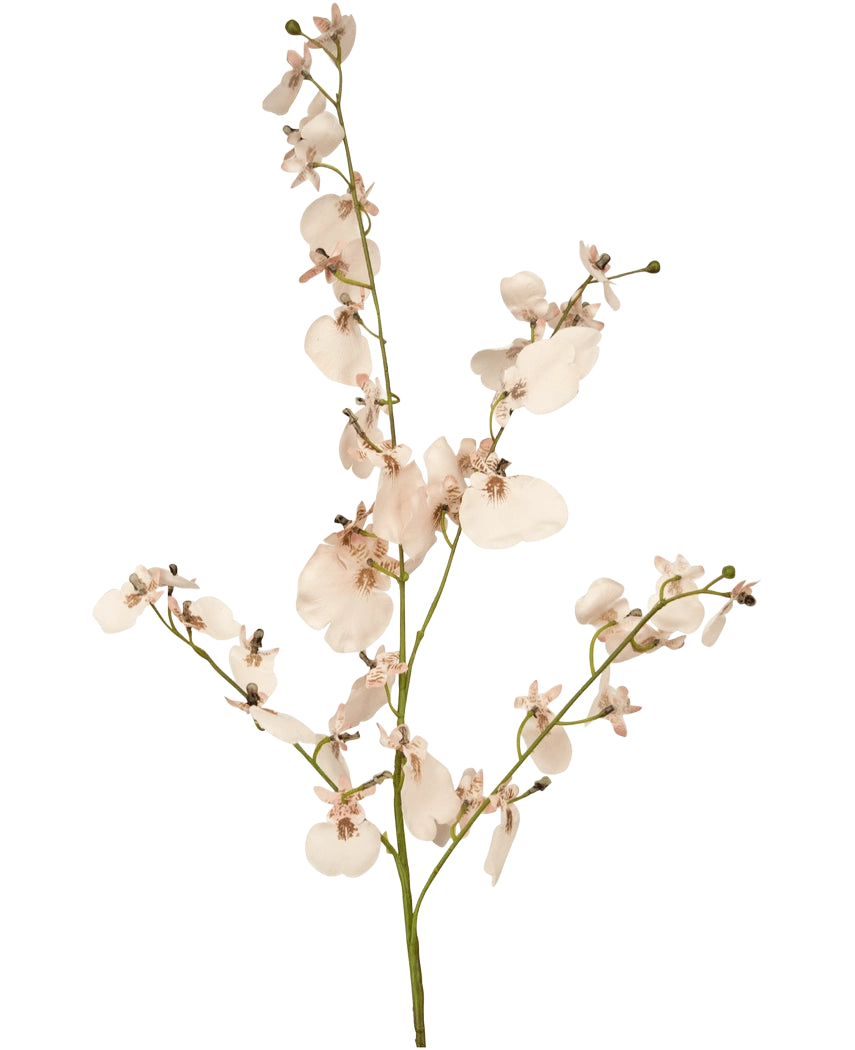 Artificial Branch Orchid 80 cm pink har en enkelt stilk af lys pink kunstige orkideer med flere blomster og små knopper på tynde grønne grene, mod en simpel hvid baggrund.