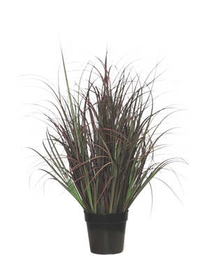 Kunstgræsplanten Vildplæne 70 cm, brandhæmmende, har mørkegrønne og rødlilla smalle blade i en sort potte - perfekt som vedligeholdelsesfri plante til ethvert interiør.