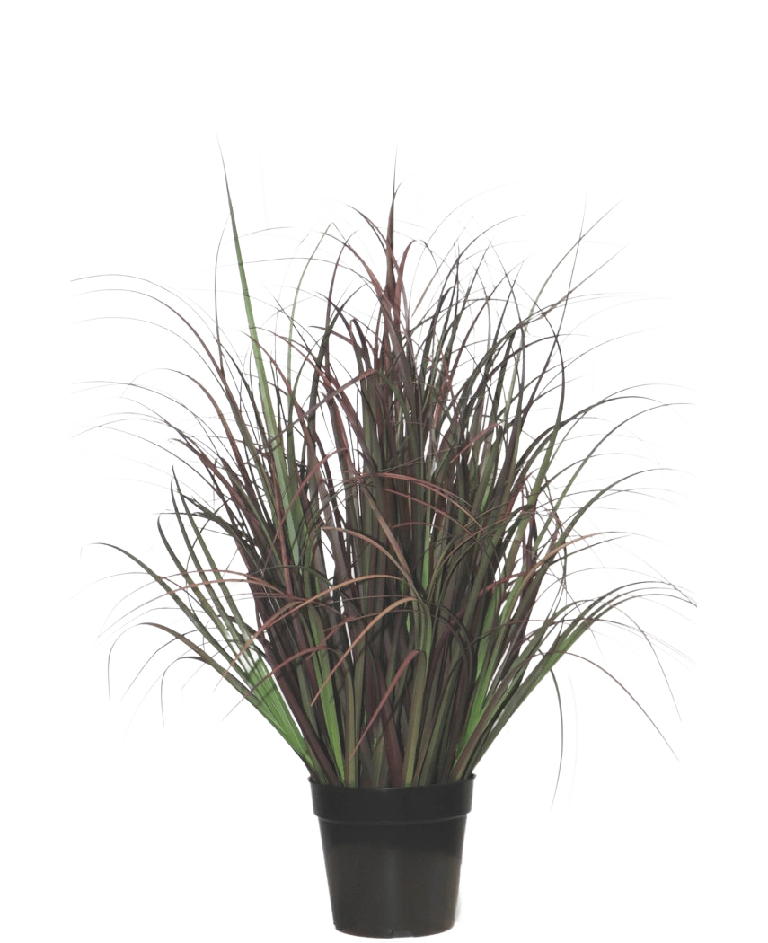 Kunstgræsplanten Vildplæne 70 cm, brandhæmmende, har mørkegrønne og rødlilla smalle blade i en sort potte - perfekt som vedligeholdelsesfri plante til ethvert interiør.