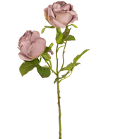 En enkelt Artificial Rose Deluxe 55 cm lilla stilk med to støvede lilla roser og grønne blade, mod en almindelig hvid baggrund.