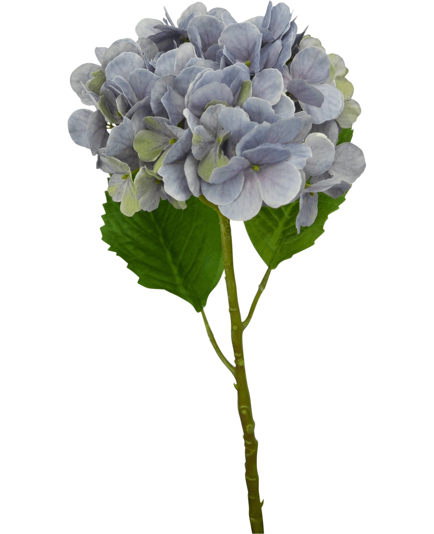 En enkelt Artificial Hydrangea Deluxe 57 cm lilla stilk med lyslilla kronblade og to store grønne blade, isoleret på en hvid baggrund.
