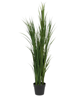Artificial Grass Green UV 150cm er en høj kunstgræsplante med lange, slanke grønne blade i en lille sort potte, afbildet mod en almindelig hvid baggrund.
