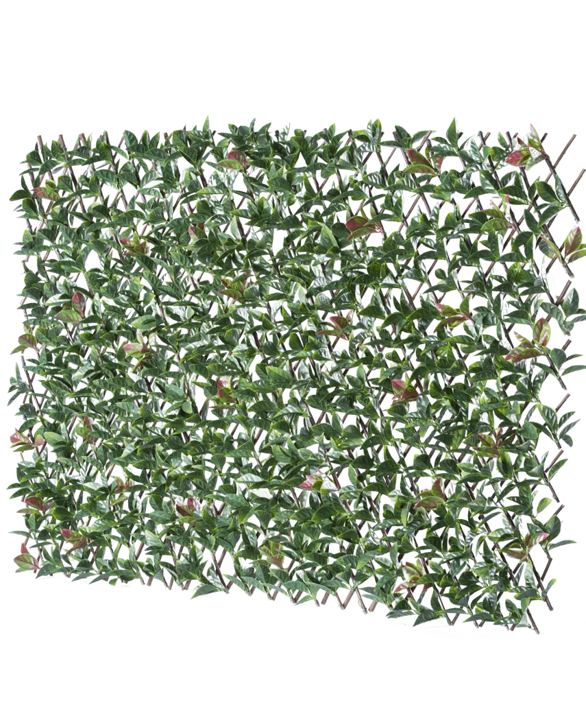 The Artificial Hedge Photonia Extendable 200x100 cm er et rektangulært udtrækbart hegn med kunstige grønne blade og lyserøde blomster, afbildet på en hvid baggrund.