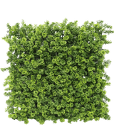 The Artificial Hedge Moss 50x50 cm UV er et tæt firkantet panel af kunstigt grønt løv med små bladgrene, afbildet ovenfra på en hvid baggrund.