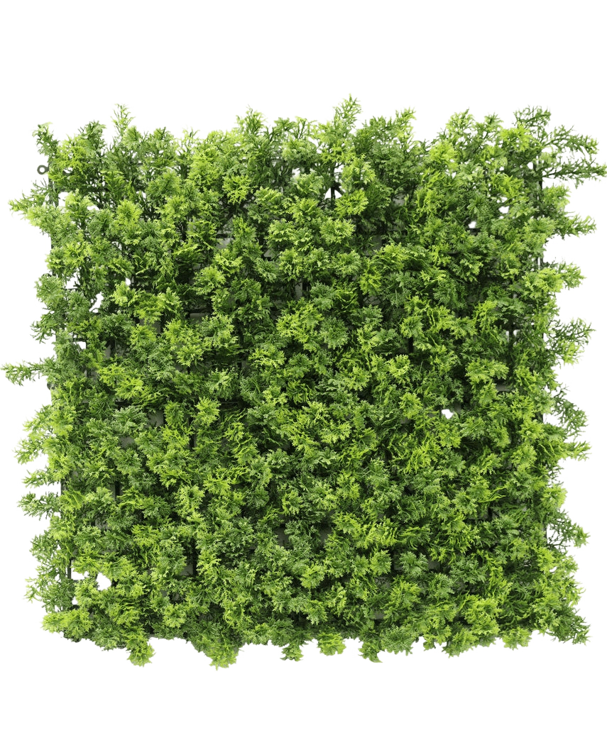 The Artificial Hedge Moss 50x50 cm UV er et tæt firkantet panel af kunstigt grønt løv med små bladgrene, afbildet ovenfra på en hvid baggrund.