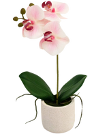 Artificial Orchid Real Touch 30 cm pink/hvid har tre lyserøde blomster og grønne blade i en simpel hvid potte, perfekt til at lyse ethvert rum op.