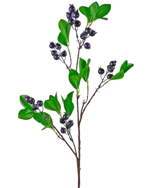 Artificial Branch Berry 76 cm lilla har en gren med lyse grønne blade og klaser af små, runde, mørkelilla bær mod en almindelig hvid baggrund.