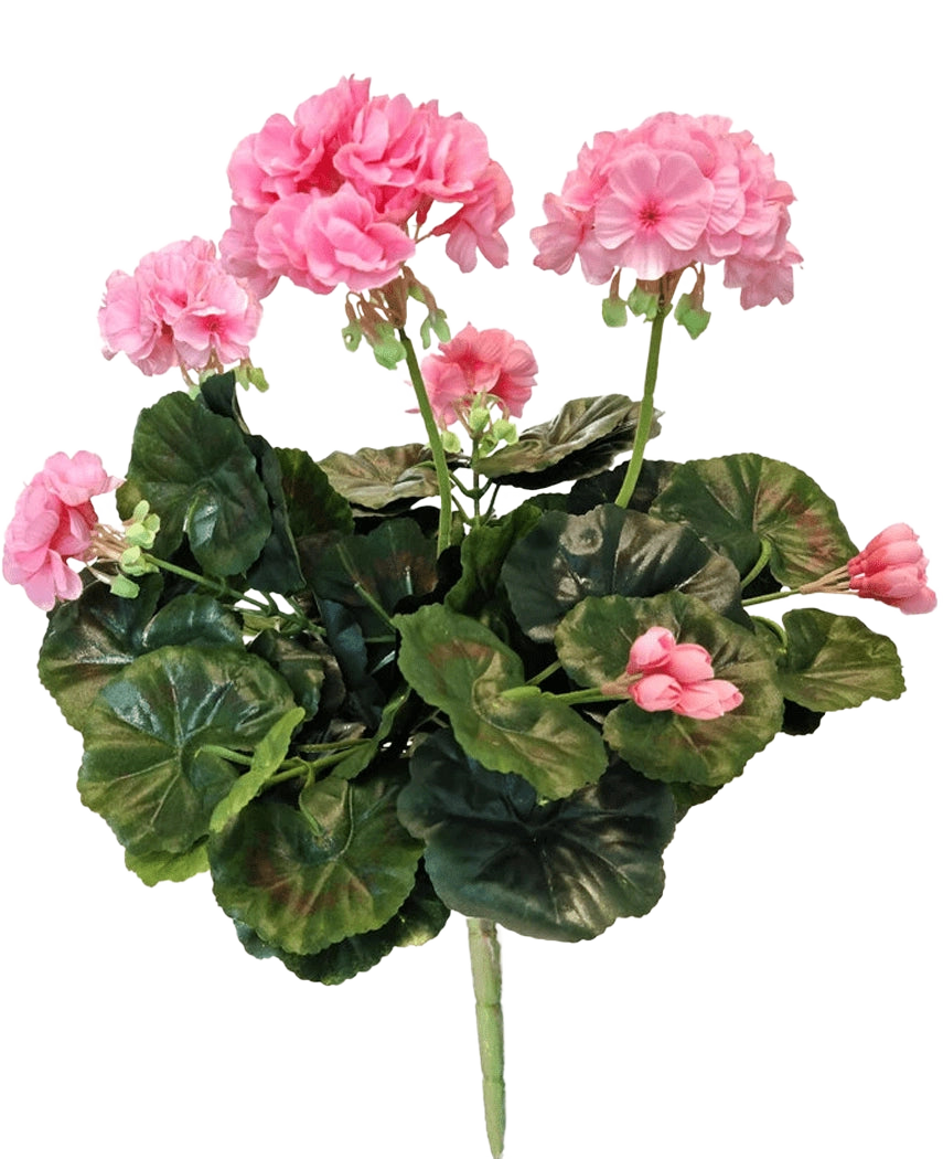 Den Artificial Geranium 40 cm pink har lyserøde blomster og runde grønne blade på lange stængler, som viser skønheden af en kunstig lyserød plante eller falsk geranium mod en hvid baggrund.
