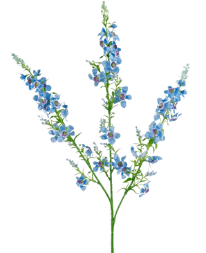 Artificial Flower Catnip 75 cm blå har en enkelt grøn stilk, der forgrener sig i tre, hver med klaser af små, levende blå blomster med en lilla midte og grønne blade, mod en almindelig hvid baggrund.