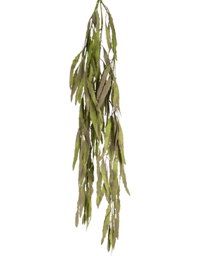 Den kunstige hængeplante Aloe Vera 102 cm har lange, smalle grønne blade med takkede kanter, der falder ned mod en almindelig hvid baggrund.