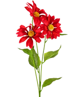 Artificial Flower Daisy 78 cm rød har tre levende røde kunstige tusindfryd med gule hjerter og grønne blade på lange stængler, mod en almindelig hvid baggrund.