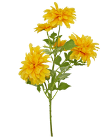 En enkelt orange kunstig blomster dahlia 60 cm stilk med grønne blade mod en hvid baggrund.