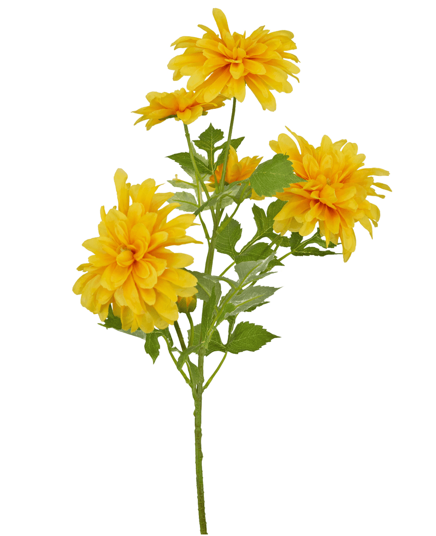 En enkelt orange kunstig blomster dahlia 60 cm stilk med grønne blade mod en hvid baggrund.