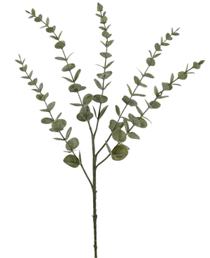 Den kunstige blomst Eucalyptus Yugali 71 cm er en enkelt kunstig stilk med fem forgrenede grene og små, runde grønne blade, afbildet isoleret på en hvid baggrund.