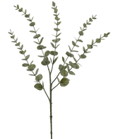 Den kunstige blomst Eucalyptus Yugali 71 cm er en enkelt kunstig stilk med fem forgrenede grene og små, runde grønne blade, afbildet isoleret på en hvid baggrund.