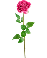 Artificial Rose Real Touch 56 cm rosen har en enkelt lyserød kunstig rose med naturtro grønne blade på en lang stilk, mod en almindelig hvid baggrund.