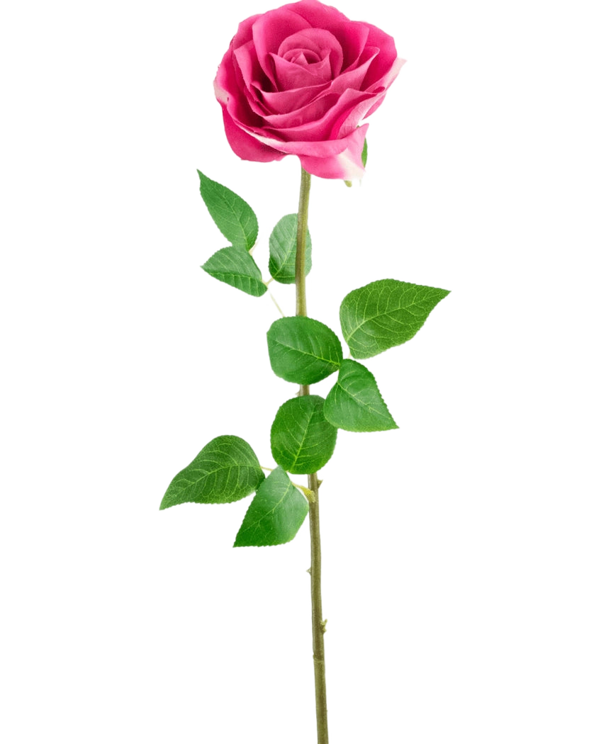 Artificial Rose Real Touch 56 cm rosen har en enkelt lyserød kunstig rose med naturtro grønne blade på en lang stilk, mod en almindelig hvid baggrund.