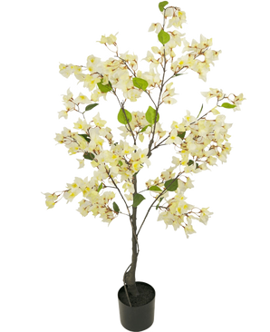 Den kunstige bougainvillea 120 cm hvid er et kunstigt træ i en potte med slanke grene, grønne blade og rigelige lysegule og hvide blomster mod en almindelig hvid baggrund.