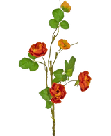 En enkelt kunstig rose grene 90 cm med flere røde kunstige roser med grønne blade mod en almindelig hvid baggrund.