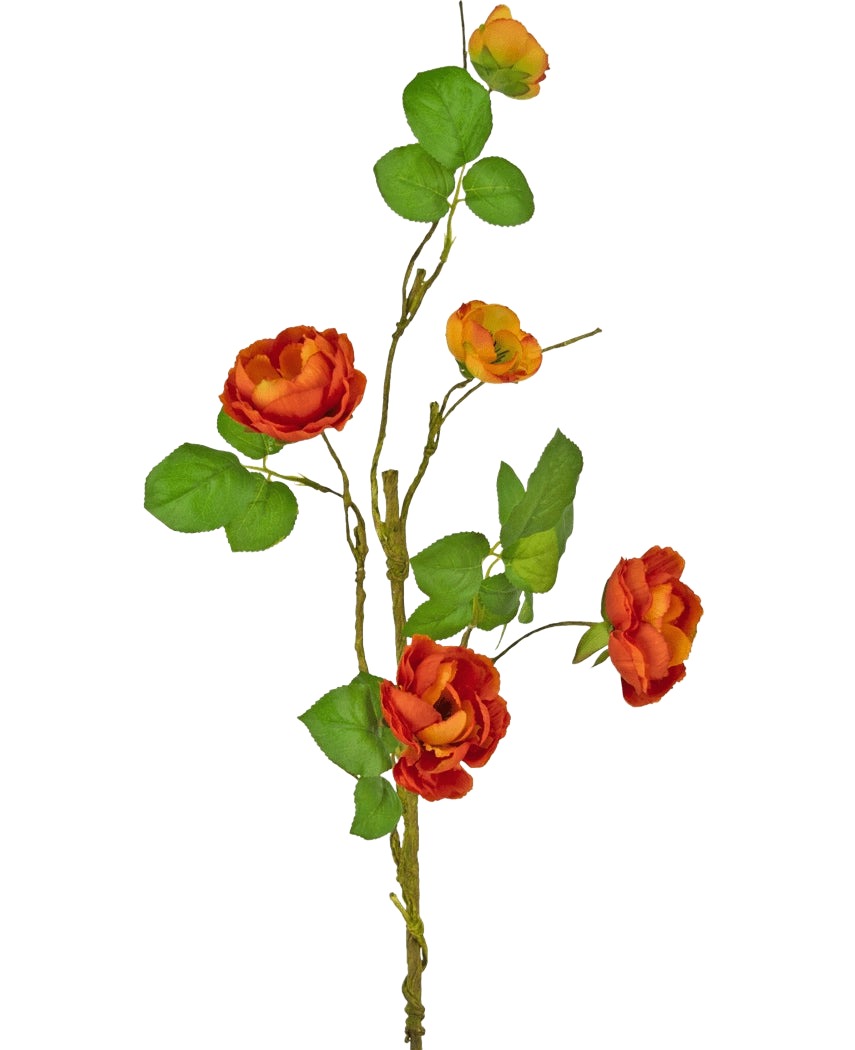 En enkelt kunstig rose grene 90 cm med flere røde kunstige roser med grønne blade mod en almindelig hvid baggrund.