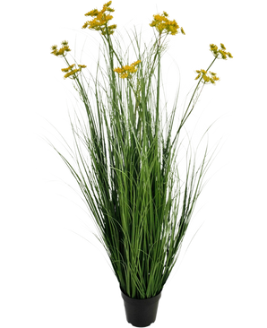 Den kunstige græsrodsblomst løggræspotte 120cm er en brandhæmmende kunstig plante i en krukke med lange grønne græslignende blade og klaser af små gule blomster, isoleret på en hvid baggrund.