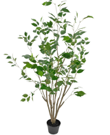 Den kunstige planteficus 120 cm er en høj kunstig plante i en potte med flere slanke brune stængler og frodige grønne blade, i en kompakt sort potte mod en almindelig hvid baggrund.