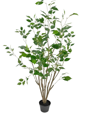 Den kunstige planteficus 120 cm er en høj kunstig plante i en potte med flere slanke brune stængler og frodige grønne blade, i en kompakt sort potte mod en almindelig hvid baggrund.