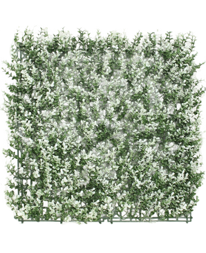 Artificial Hedge Buksbom hvid 50x50 cm UV er et firkantet kunstigt buksbompanel med små hvidspidsede blade på et plastikgitter, afbildet på en hvid baggrund.