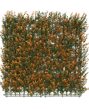 Artificial Hedge Buxus orange 50x50 cm UV er et kvadratisk kunstigt panel med grønt og orange løv på et plastgitter, ideel som en dekorativ hæk eller privatskærm, vist her mod en almindelig hvid baggrund.