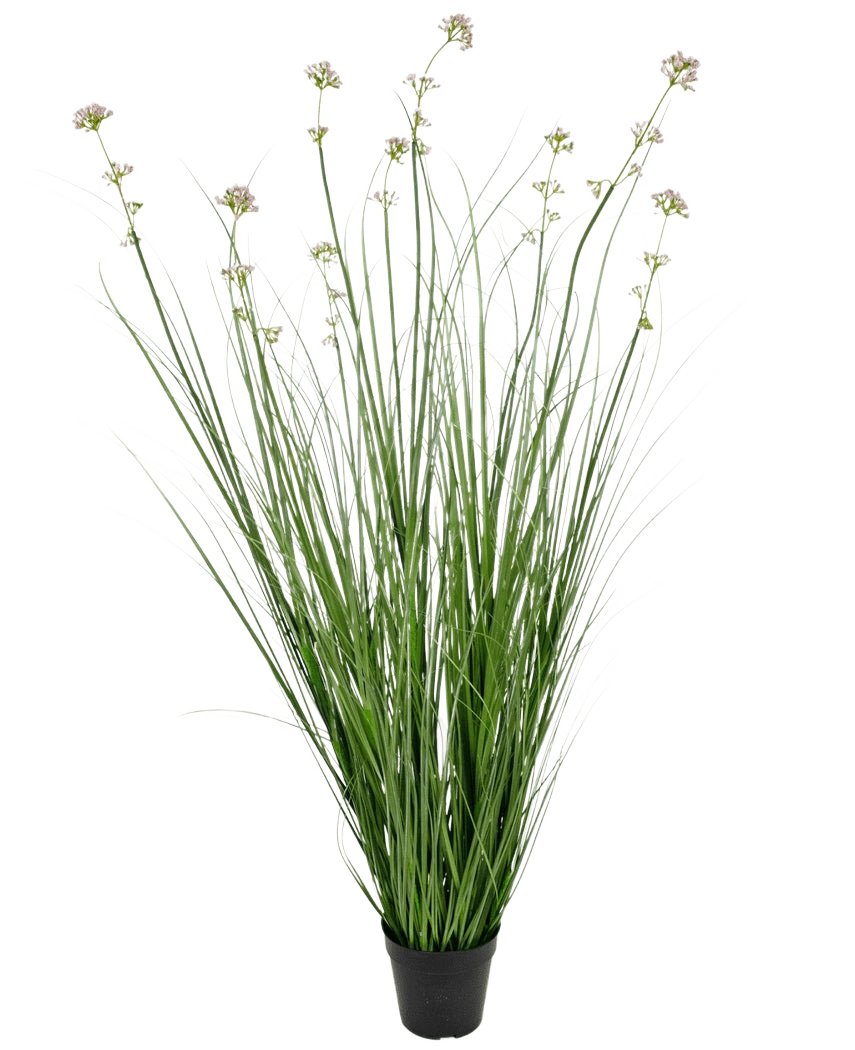 Kunstgræs Porreblomstløg Græspotte 120 cm brandhæmmende middel har lange grønne græslignende blade og lange stængler med lyslilla blomsterklaser, perfekt til at tilføje naturtro grønt til ethvert rum.