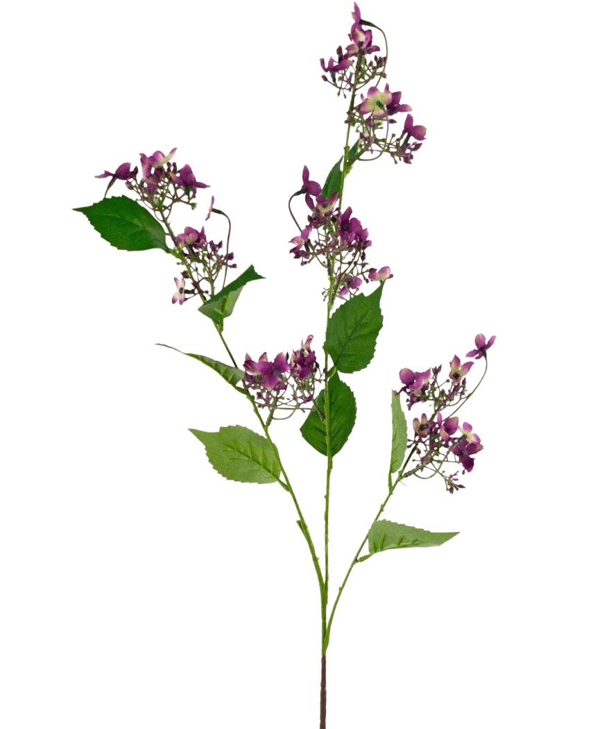 Artificial Flower Wild Hydrangea 86 cm lilla har en enkelt stilk med flere bundter af små lilla blomster og grønne blade, isoleret på en hvid baggrund.