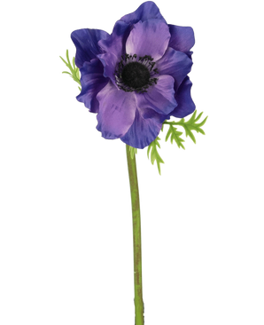 Den kunstige blomsteranemone 43 cm lilla har et mørkt hjerte, sarte grønne blade og en lang grøn stilk, som danner en slående kontrast mod den almindelige hvide baggrund.