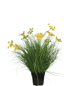 Kunstgræsplanten Asteraceae 70 cm brandhæmmende har lange, tynde grønne blade og klaser af små gule blomster i en sort potte, som er en letplejet kunstgræsplante mod en almindelig hvid baggrund.