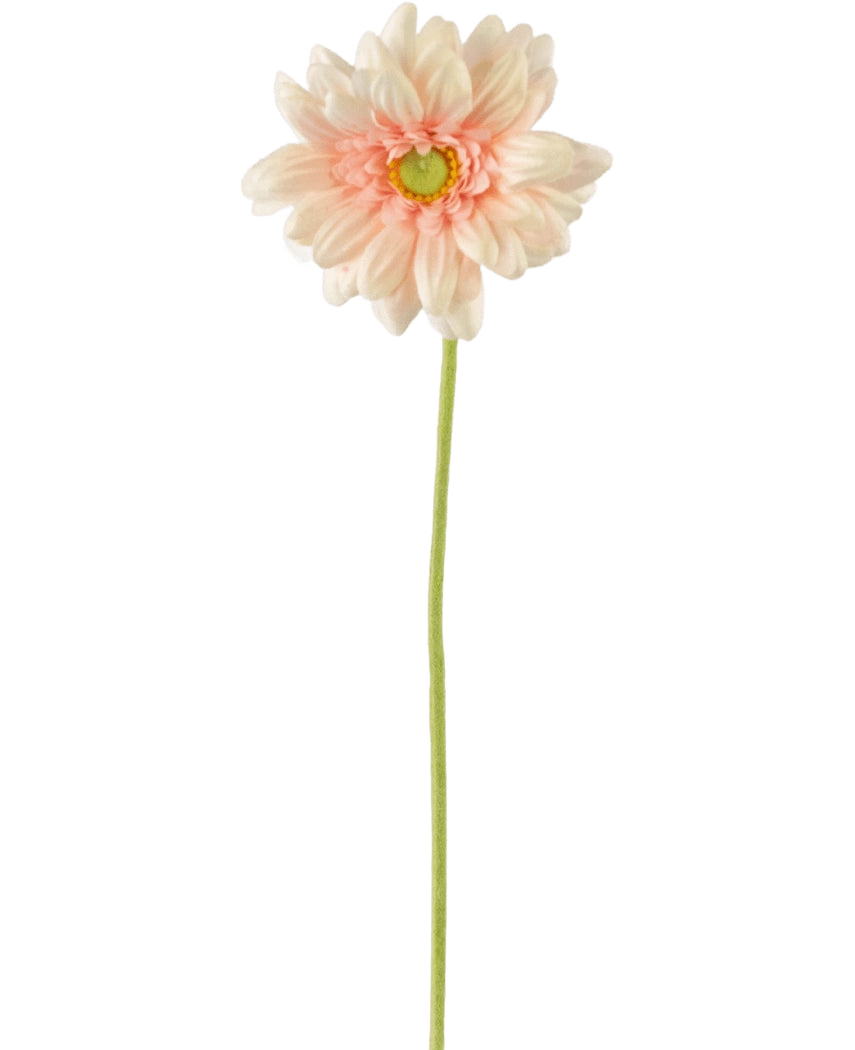 Artificial Flower Gerbera mini 47 cm blød pink er en kunstig lys pink tusindfryd med bløde, lagdelte kronblade og et gult hjerte på en lang grøn stilk, mod en almindelig hvid baggrund.