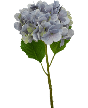En enkelt Artificial Hydrangea Deluxe 57 cm lilla stilk med lyslilla kronblade og to store grønne blade, isoleret på en hvid baggrund.