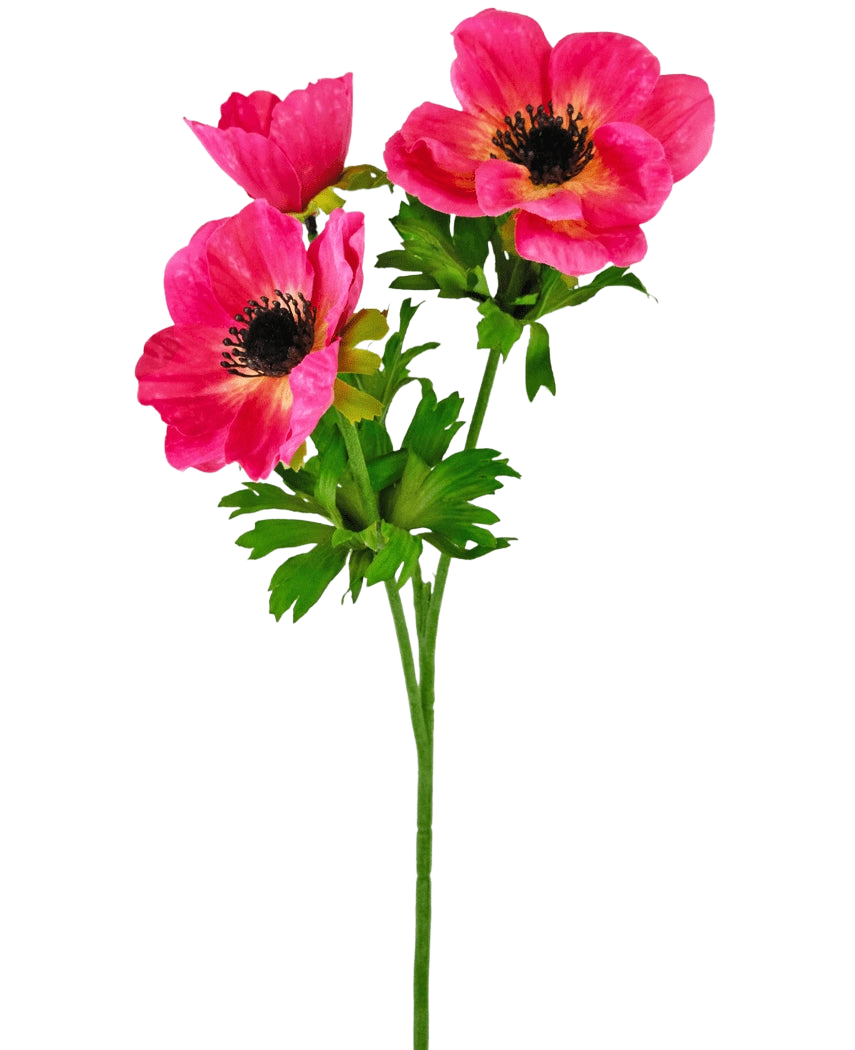 Den kunstige blomsteranemone forgrenet 56 cm pink har en enkelt grøn stilk med tre lyserøde anemoneblomster med et mørkt hjerte og sarte, ru kronblade plus grønne blade mod en almindelig hvid baggrund.