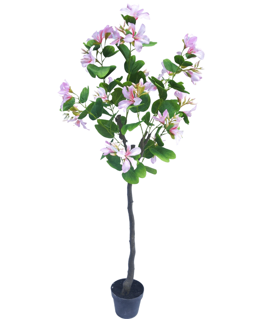 Den kunstige plante Judas 150 cm er en kunstig plante i en krukke med grønne blade og talrige lyserøde blomster mod en almindelig hvid baggrund.