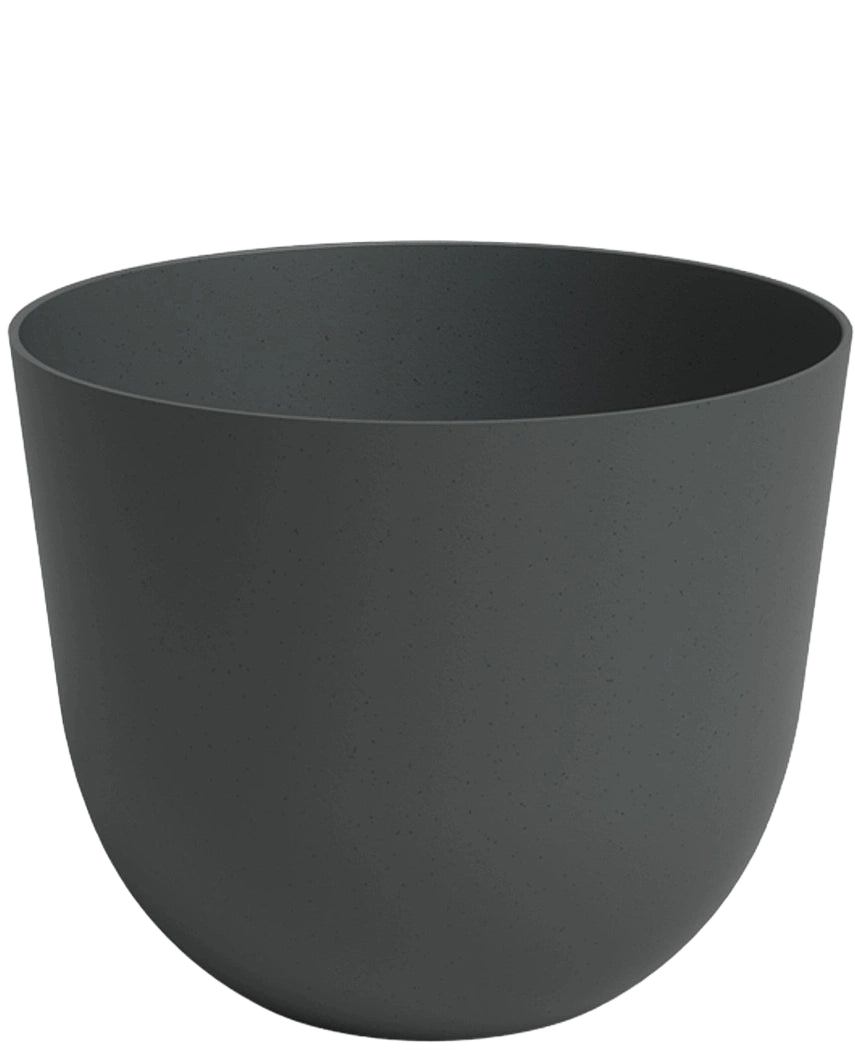 Plantekassen Havanna Ø20cm x H17cm er en almindelig, mørkegrå, rund plastkasse med glatte sider og en mat finish, vist mod en hvid baggrund.