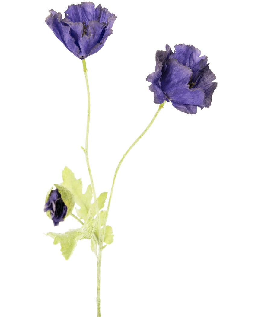 Den kunstige blomstervalmue 73 cm har tre sarte lilla blomster - to åbne, en delvis lukket - med lysegrønne stængler og blade, mod en almindelig hvid baggrund.