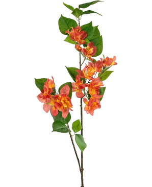 Den kunstige gren Bougainvillea 81 cm fersken har en enkelt stilk med bundter af fersken-orange og gule blomster, suppleret med grønne blade, mod en hvid baggrund.