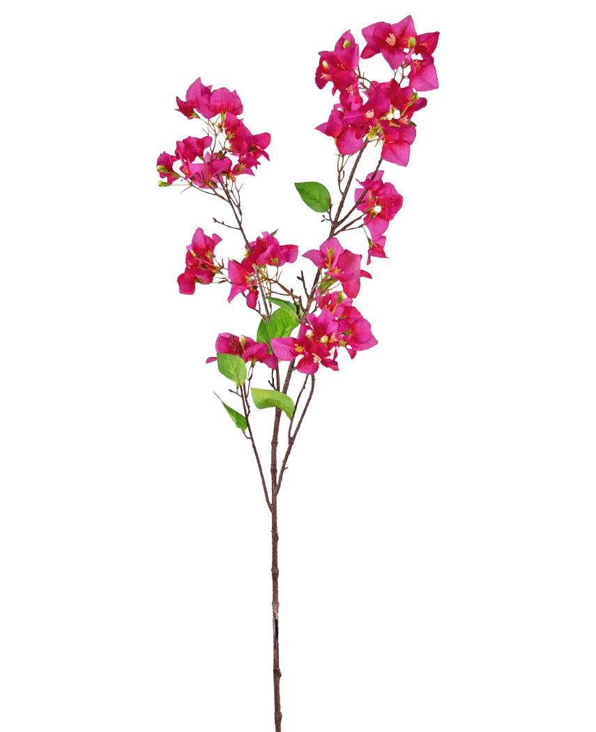 Artificial Flower Bougainvillea 120 cm pink har en enkelt gren med flere bundter af lyse lyserøde blomster og grønne blade på en slank brun stilk, mod en hvid baggrund.