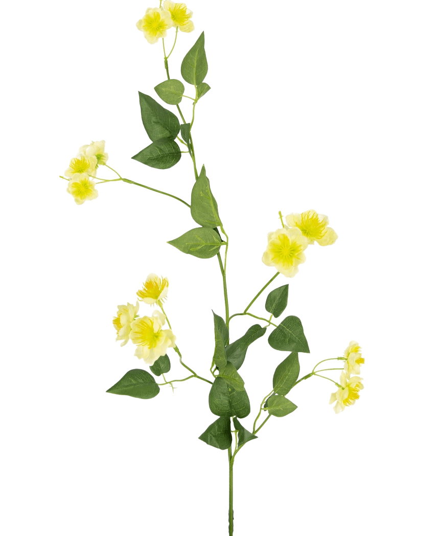 Den kunstige blomstersmørblomst 77 cm er en enkelt grøn stilk med flere grene, små gule blomster og grønne blade - ideel til at sammensætte din buket - vist på en almindelig hvid baggrund.