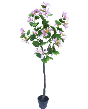 Den kunstige plante Judas 150 cm er en kunstig plante i en potte med grønne blade og talrige lyserøde blomster mod en almindelig hvid baggrund.