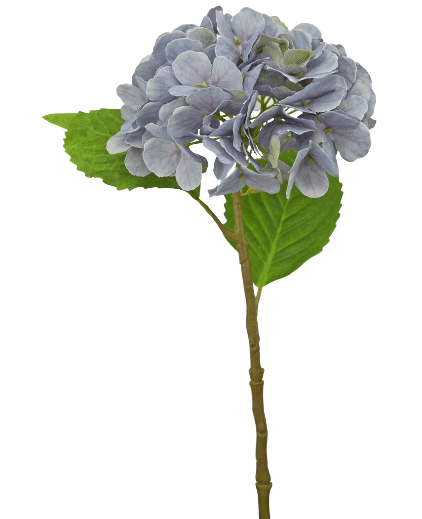 Artificial Hydrangea Deluxe 55 cm lilla har en enkelt lyslilla stilk med afrundede kronblade og to grønne blade, mod en hvid baggrund.