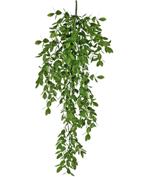 Den kunstige hængeplante Jasmin 70 cm har tætte klynger af små grønne blade, der falder naturligt ned og skaber en frodig, draperende effekt mod en hvid baggrund.